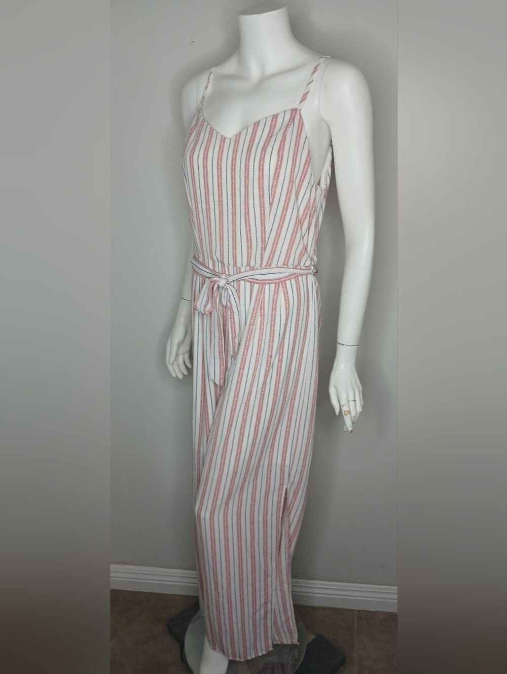 Monteau Striped Sleeveless Belted Jumpsuit - White & Dusty Pink